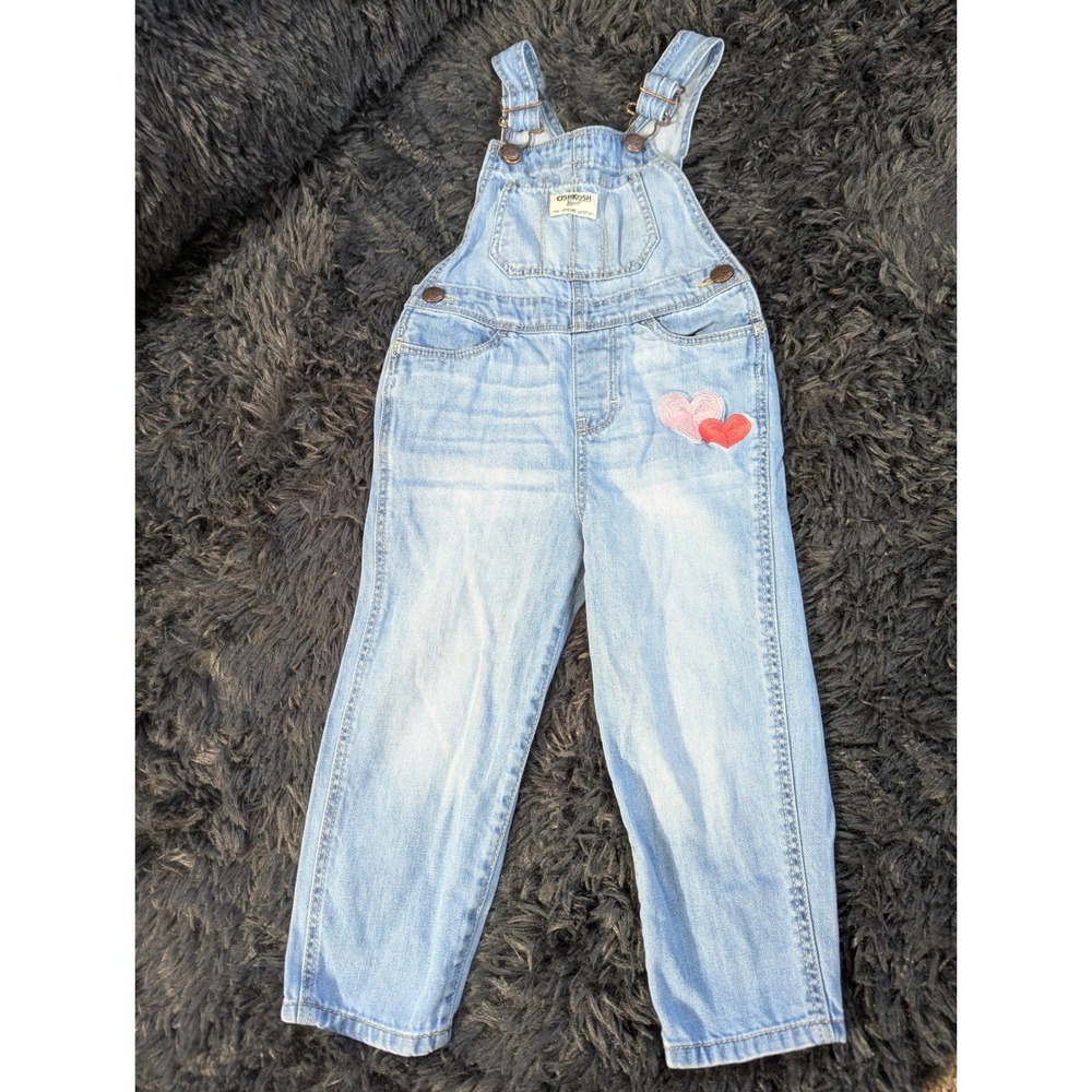 OshKosh Bgosh Kids 3T Denim Overalls Light Wash Heart Embroidery Vestbak
416
